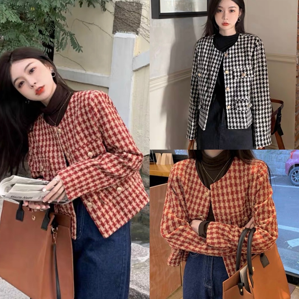 ( SẴN HÀNG ): Áo dạ caro cao cấp cổ tròn cúc đồng túi nắp 2 màu 2 lớp dày dặn LOLLA_FASHION