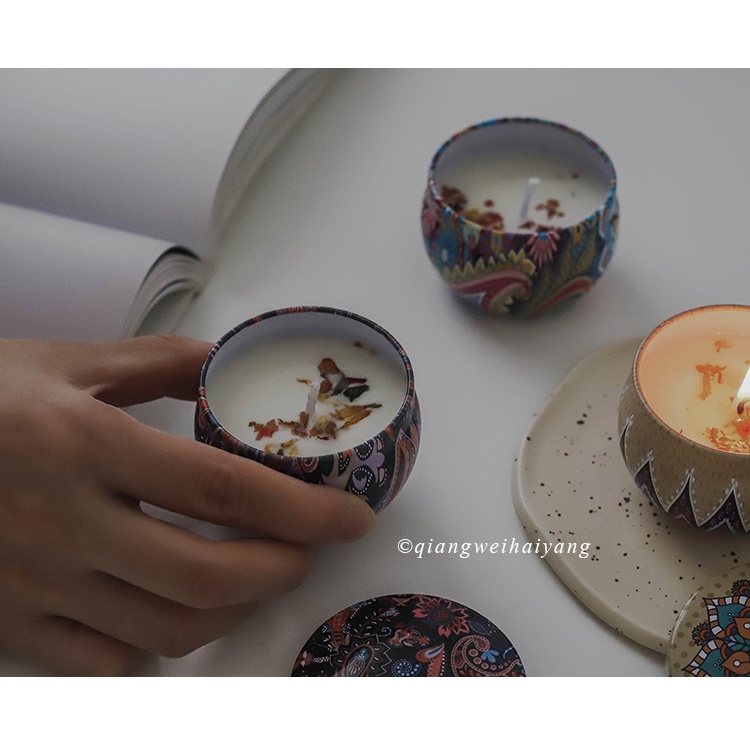 Nến thơm hoa khô tự nhiên, sáp đậu nành không khói họa tiết phong cách bohemian