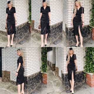 Đầm Đen Tintin Dres from chuẩn chất vải cát nhung mịn mát váy sang chảnh cổ V rút dây đuôi váy bo chun eo kèm ảnh thật