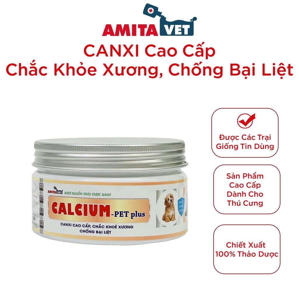 Bổ xung Canxi cho chó mèo CALCIUM vị phomai giúp chắm sóc thú cưng chắc khỏe phát triển xương tốt của AMITAVET 150g