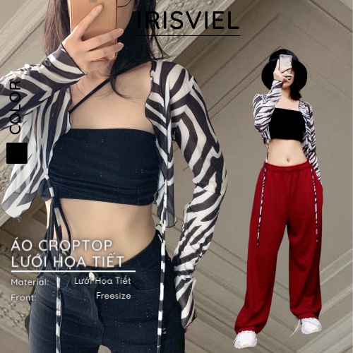 Áo Croptop Tay Dài, Áo Crt Khoác Lưới Co Giãn In Hoạ Tiết Freesize IRISVIEL