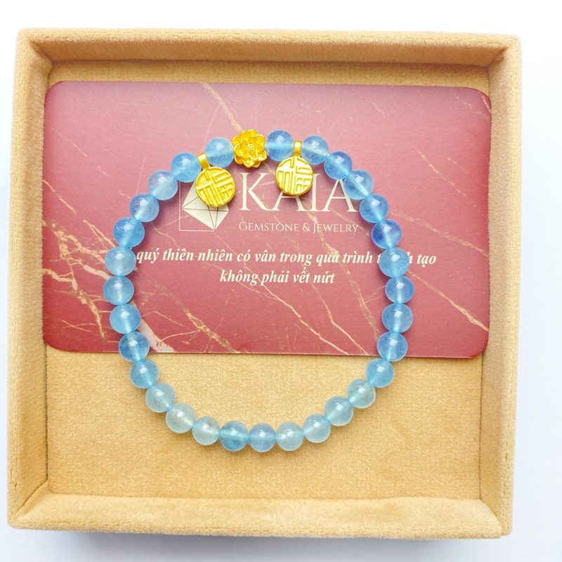 Vòng tay Aquamarine dành cho người mệnh thủy  mênh mộc  mix charm  24k - Hoa sen - Chữ Phúc - KAIA