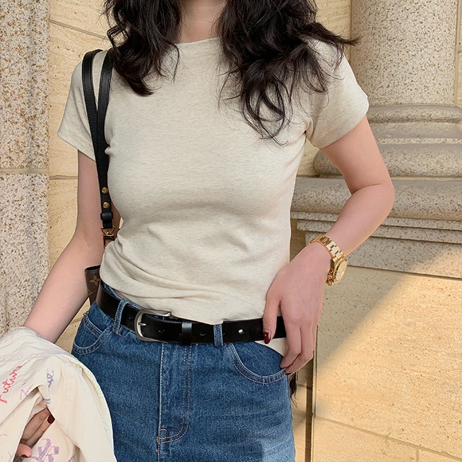 SUXI Áo Thun Tay Ngắn Cổ Tròn Màu Sắc Đơn Giản Cho Nữ