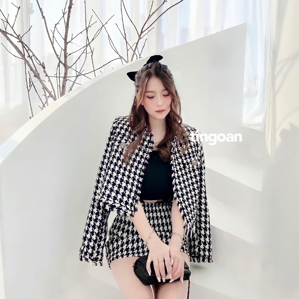 TINGOAN® - Chân váy tweed cạp cao caro tingoan LOVE POEM SKIRT/CR V2 vải mới nhất 2023 ánh ngà vintage