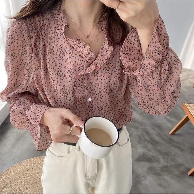 Áo Sơ Mi Voan Hoa Tay Dài Dáng Rộng Thời Trang Cho Nữ