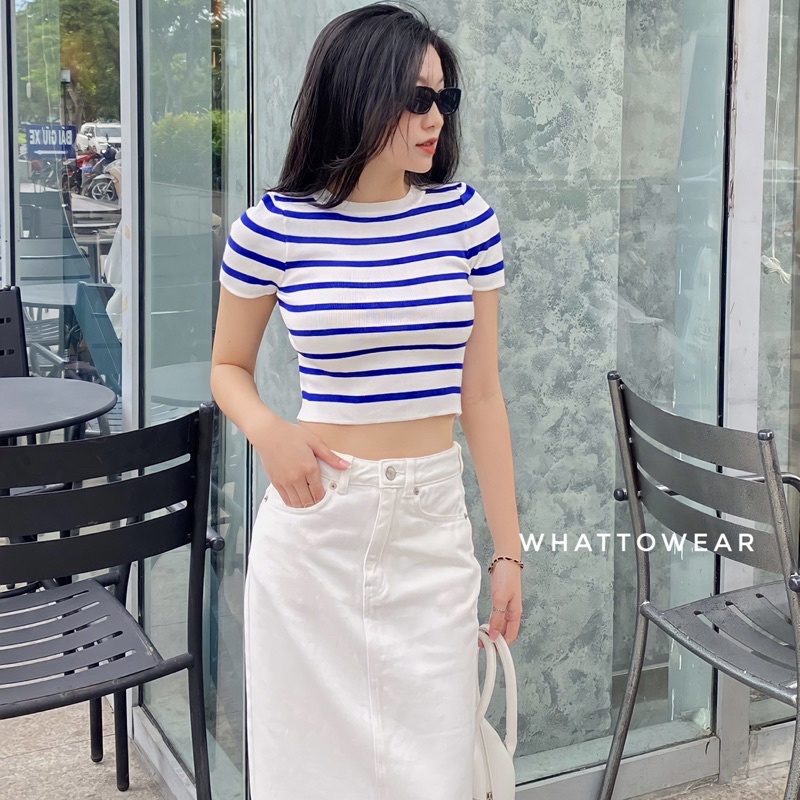 Áo Knit kẻ ngang form Croptop
