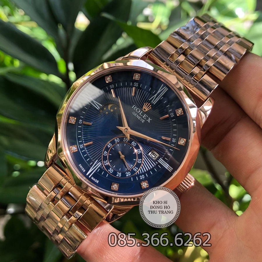 Đồng hồ nam Rolex cơ Automatic mẫu 3 kim mặt cắt vát kim cương xanh viền vàng size 40-41mm