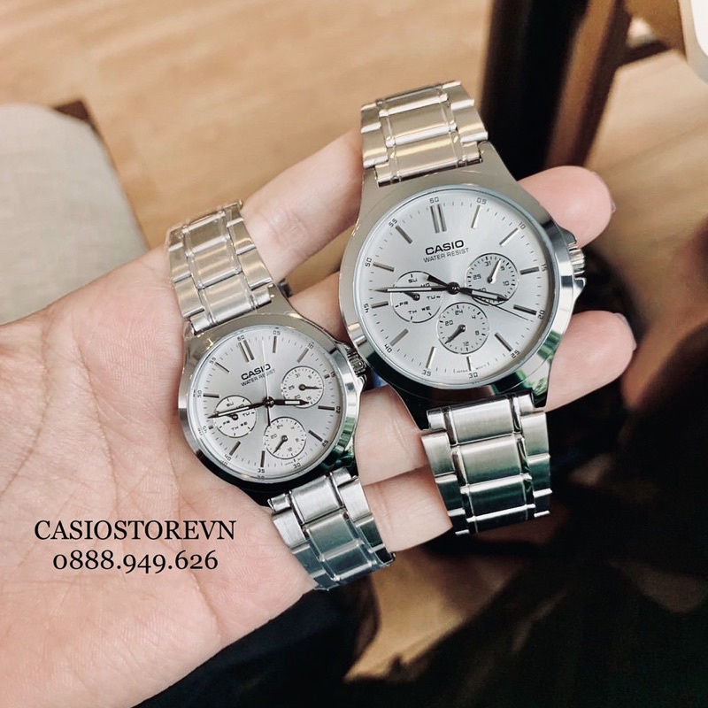 Đồng hồ Đôi Nam nữ Casio V300D, đồng hồ chính hãng, dây thép màu bạc mặt 6 kim