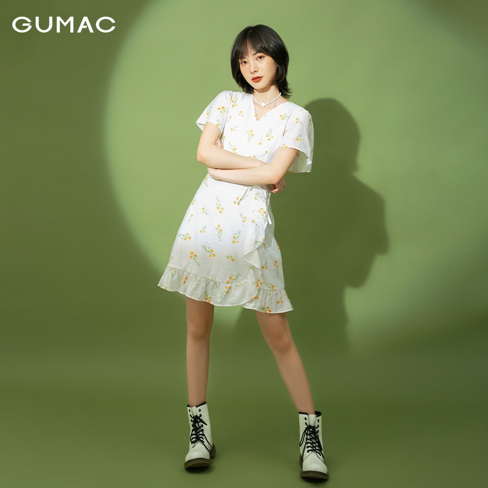 Đầm hoa nữ ôm GUMAC, in họa tiết đẹp, tay ngắn trẻ trung màu trắng đầm dáng xòe DB1115 | BigBuy360 - bigbuy360.vn