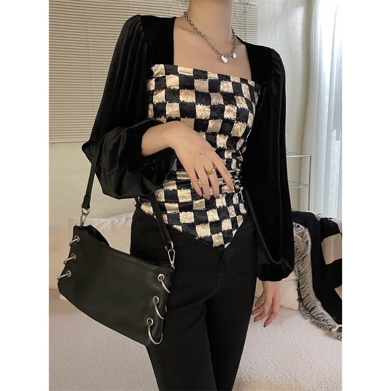 Áo kiểu tay phồng dài cổ vuông họa tiết sọc caro thời trang Hàn Quốc