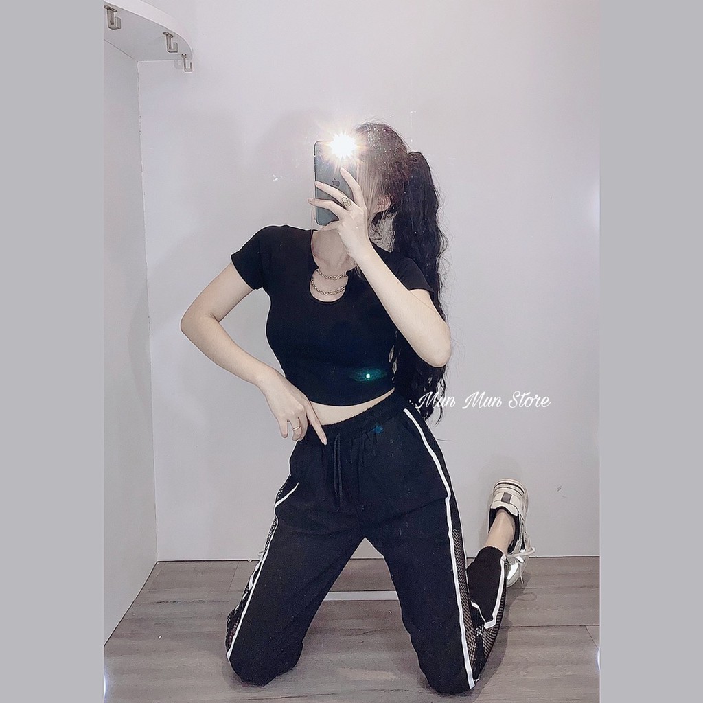 Quần jogger nữ [𝐅𝐫𝐞𝐞 𝐒𝐡𝐢𝐩] munmunstore quần jogger phối lưới vải đũi  mềm mịn - bo gấu tôn dáng trẻ trung năng động8623