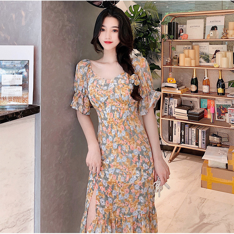 Đầm Tay Ngắn Hoạ Tiết Hoa Phong Cách Retro Quyến Rũ