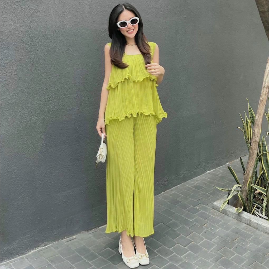 Sét bộ đồ nữ 2 dây tầng bánh bèo dáng áo croptop xinh mix quần ống loe siêu dễ thương 5 màu tôn da