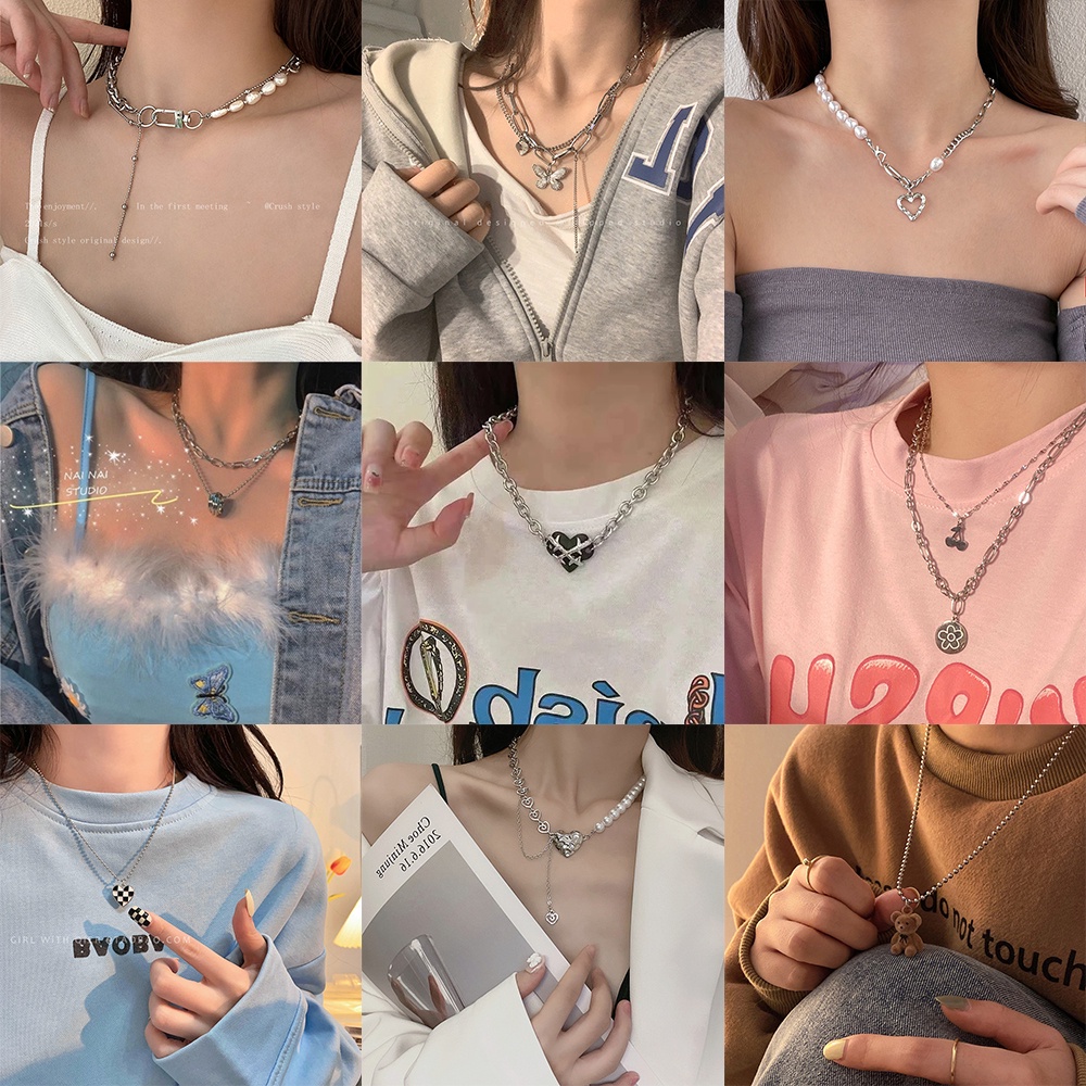 Vòng cổ Bạc Mặt Hình Trái Tim Và Bướm Đính Ngọc Trai Cổ Điển Thời Trang Cho Nữ