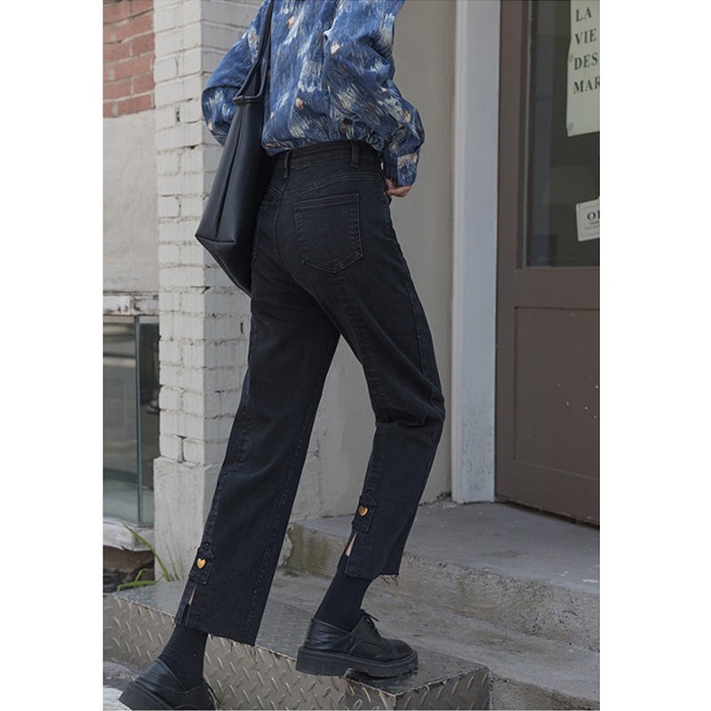 Quần Jean Đen Dài Ngang Mắt Cá Chân Eo Cao Dáng Rộng Thời Trang Mùa Đông Cho Nữ