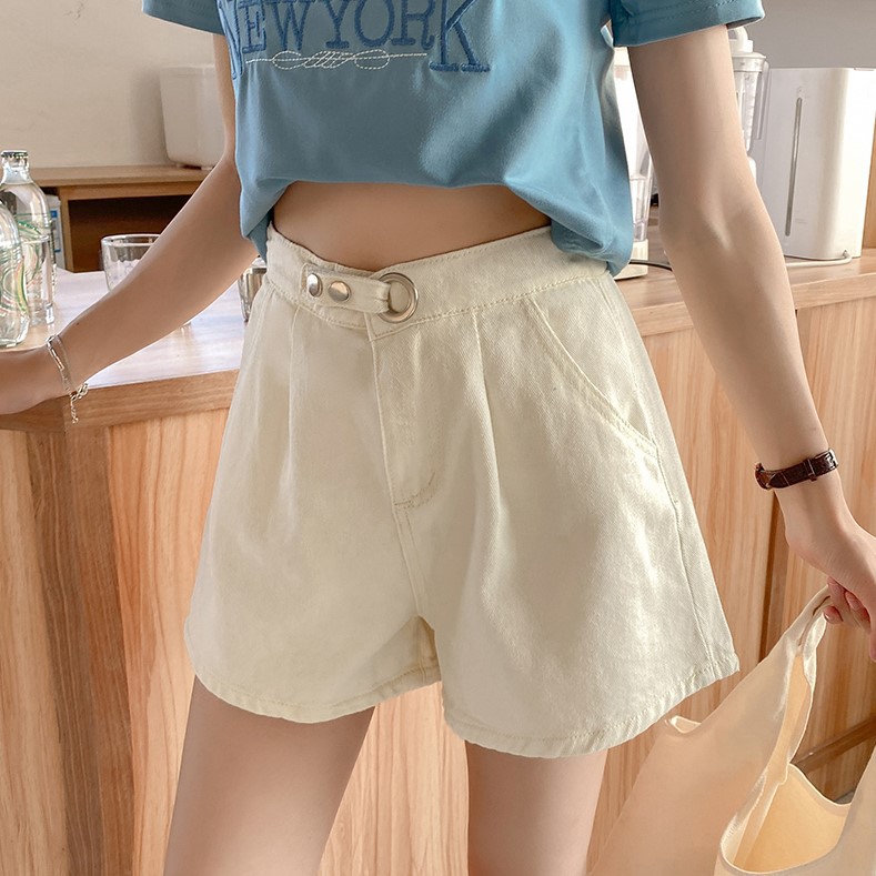 LEEVA - Short jeans trơn phối nút gài cách điệu S025