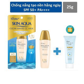 Sữa chống nắng tạo nền trắng mịn Sunplay Skin Aqua Clear White CC Milk 25g tặng kèm kcn hoăc srm bé
