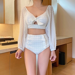 Bộ Đồ Bơi 2 Mảnh Tay Dài Phối Ren Thắt Nơ Quyến Rũ