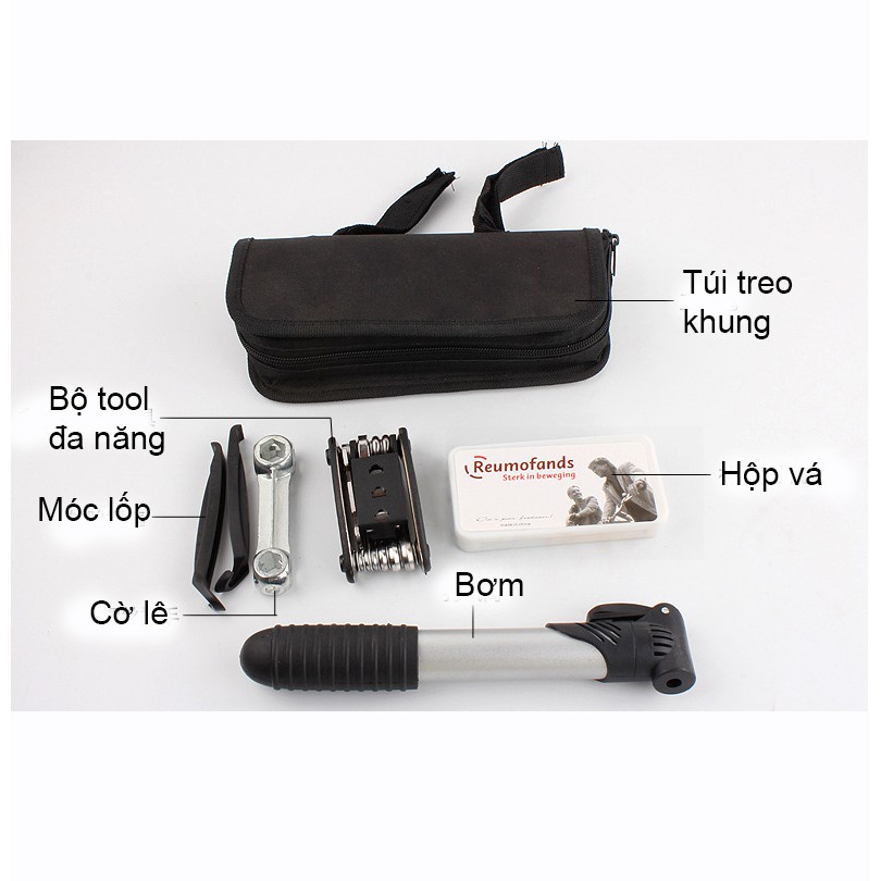 Bộ dụng cụ vá xăm xe đạp gồm miếng vá săm, bơm mini và keo dán, bộ lục giác sửa chữa đa năng có túi đựng