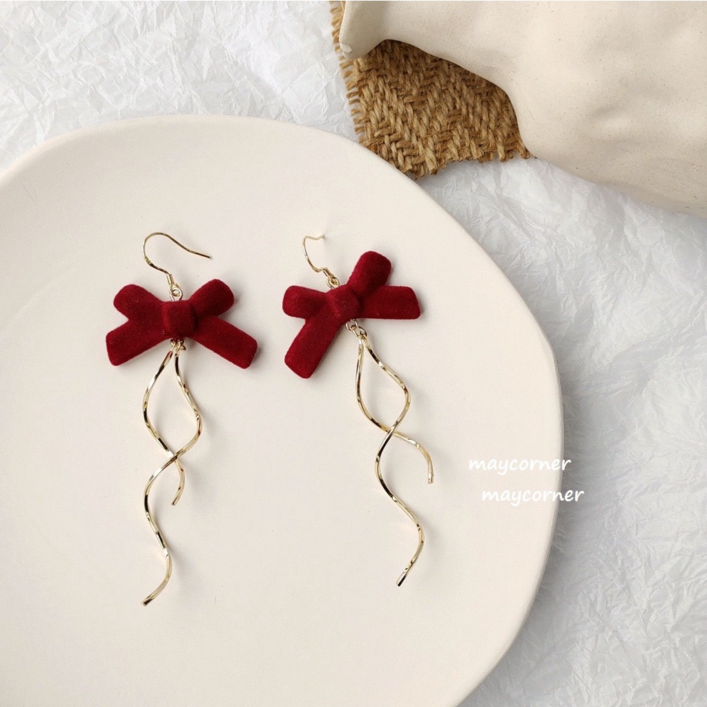 Khuyên tai cao cấp mạ bạc 925 dáng dài nơ xinh xắn