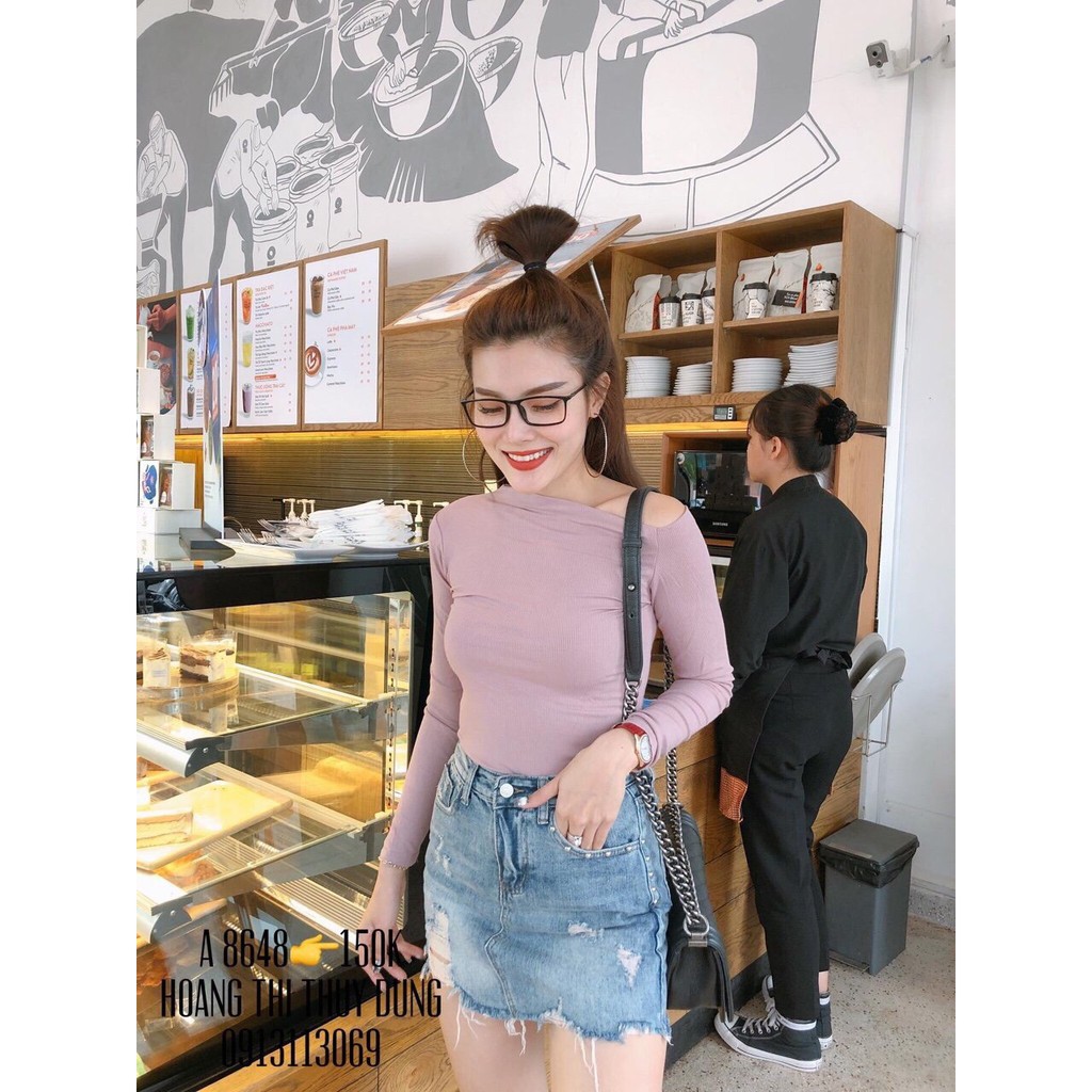 Áo lệch vai thun lụa hình thật trải sàn U460