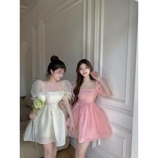 Đầm xòe cột nơ,tay phồng phong cách ngọt ngào-hàng thiết kế