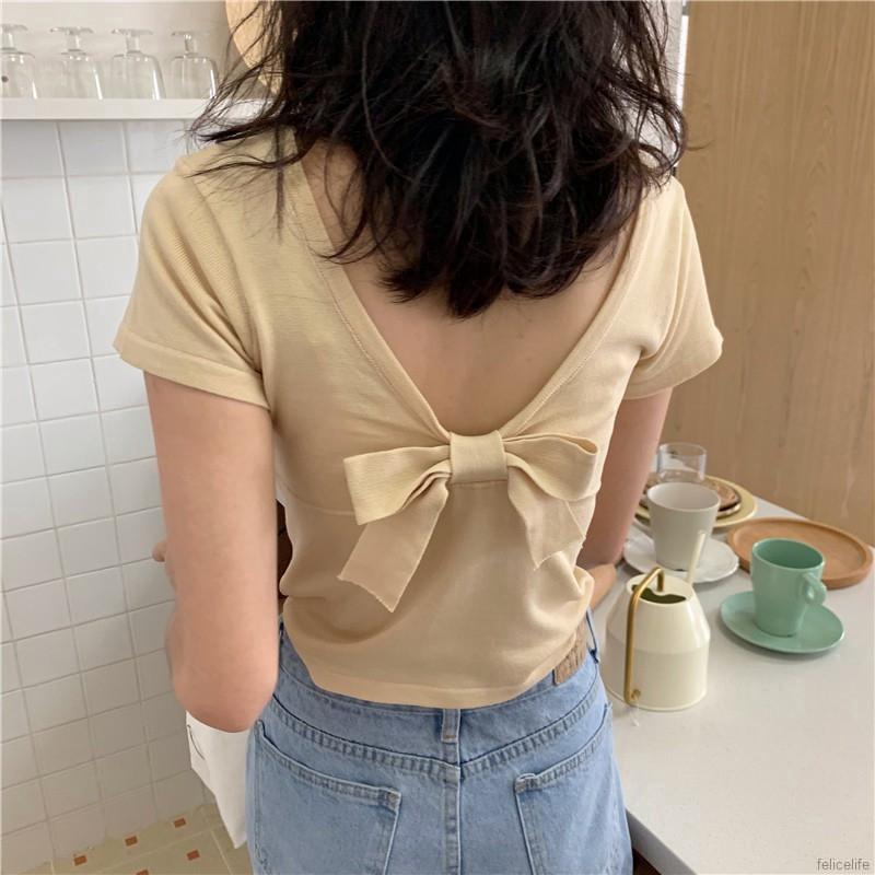 Áo thun dệt kim tay ngắn phối nơ lưng thiết kế hở lưng quyến rũ