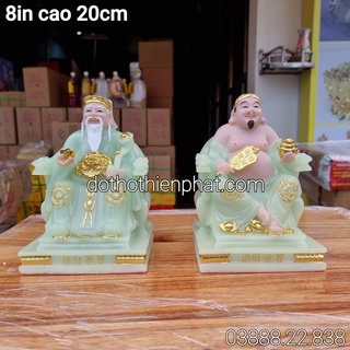 Cặp thần tài ông địa đá màu xanh ngọc 8in cao 20cm