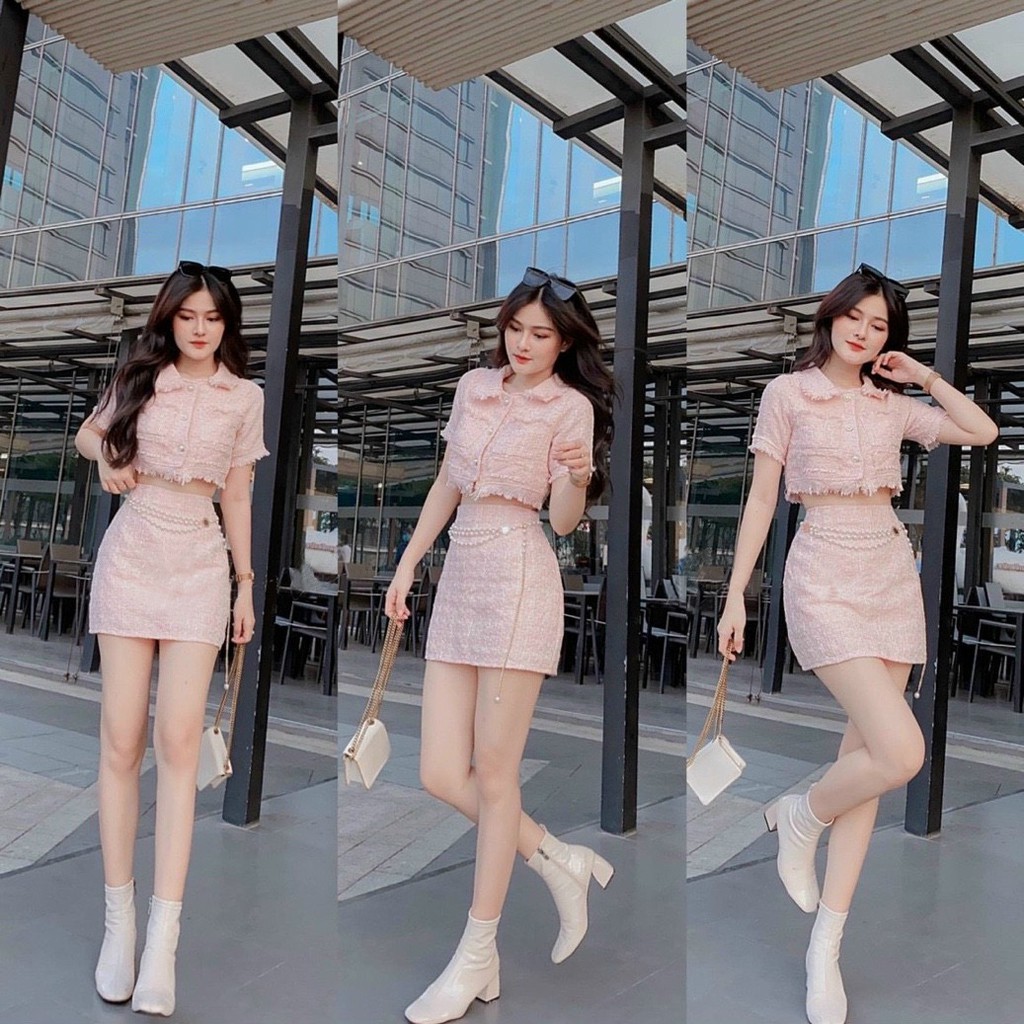 Set Áo Croptop Và Chân Váy Chữ A, ( Không Kèm Chuỗi Thắt Lưng ) - 3 Màu Xám, Hồng, Nude - Vải Dạ - 501EDA