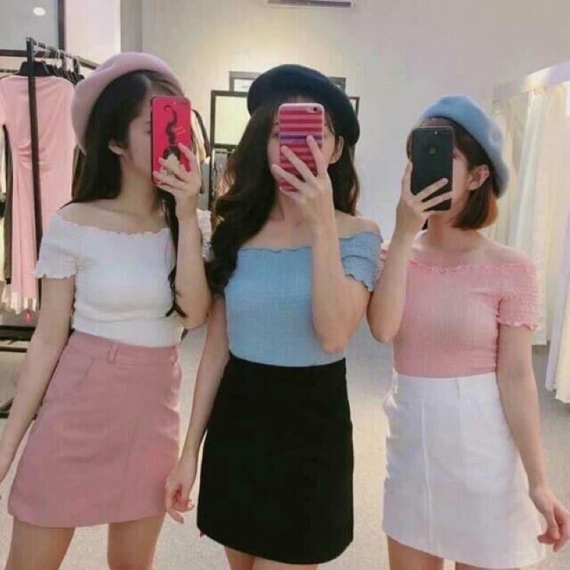 Áo thun gân tay ngắn trễ vai siêu xinh,áo croptop trễ vai  ཾ