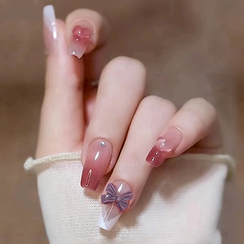 Bộ 24 Móng Tay Giả Thắt Nơ Có Thể Tháo Rời Màu Hồng/Đen/Dye