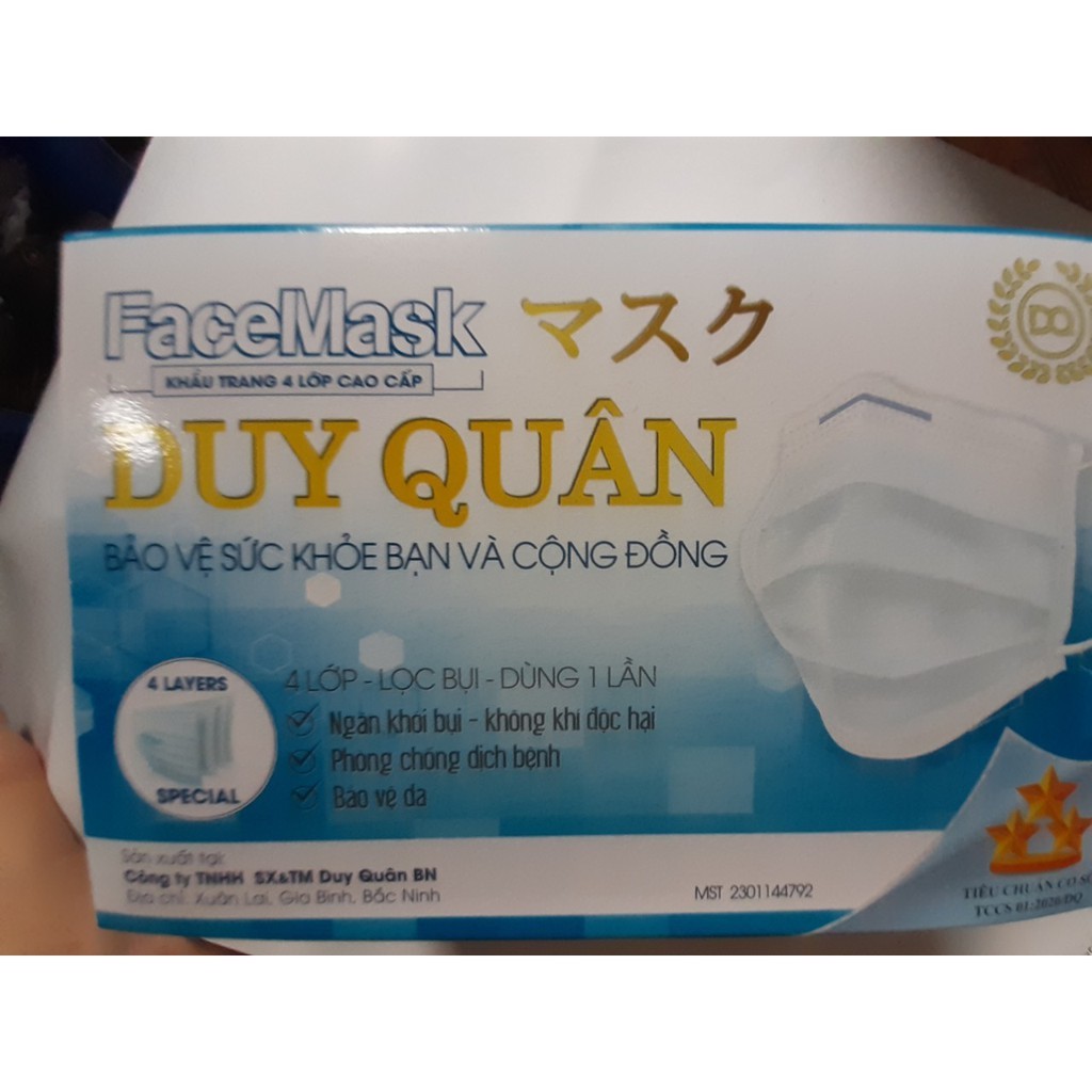 Khẩu trang Y tế 4 lớp Duy Quân mầu Trắng . Gói 10 chiếc/ bịch . Hộp / 50 chiếc có giấy kiểm định chất lượng của BỘ Y TẾ