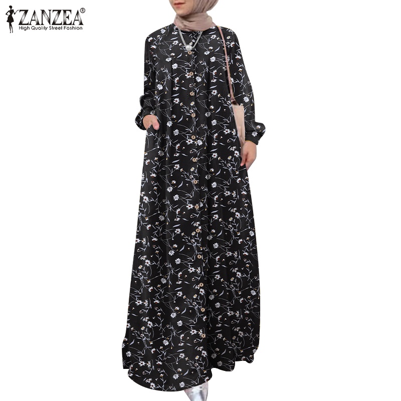Đầm maxi Zanzea tay dài cổ tròn in họa tiết hoa thời trang cho nữ