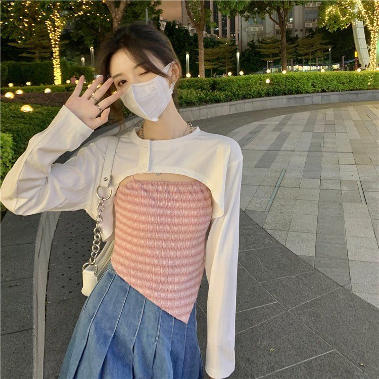 Set Len 2 Món Áo Croptop Họa Tiết Sọc + Áo Khoác Cardigan Có Nút Cài Hàng Quảng Châu Siêu Đẹp | Smide Clothing