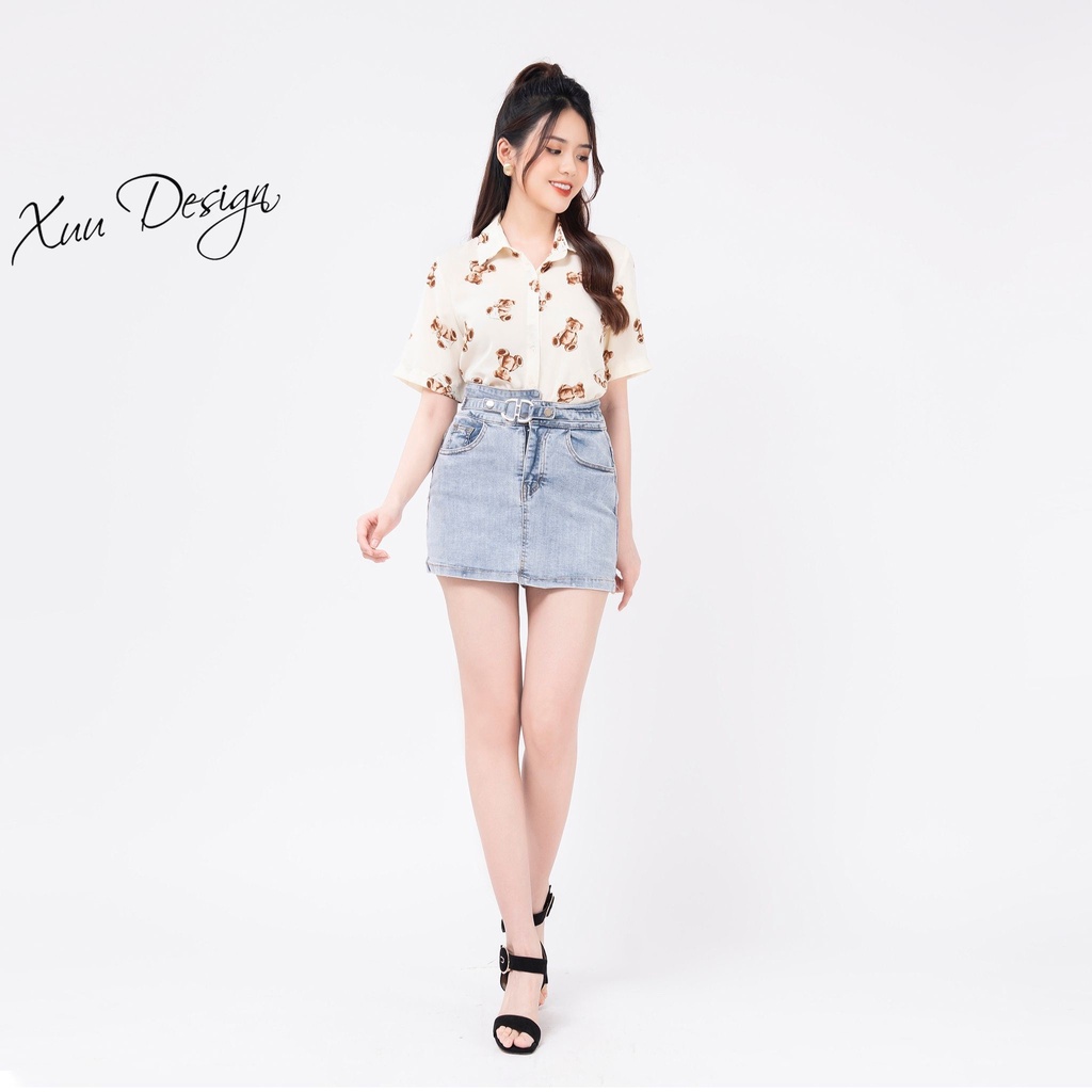 Áo sơ mi nữ họa tiết gấu dễ thương XUU, thiết kế tay ngắn - SK04