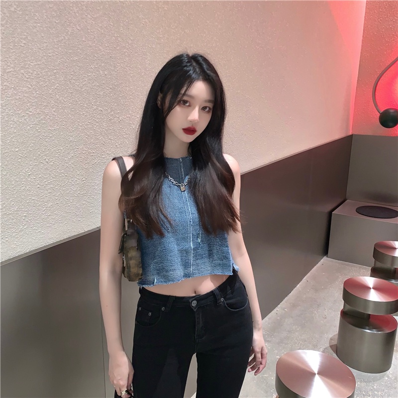 Áo Denim Không Tay Dáng Ôm Quyến Rũ Thời Trang Phong Cách Retro Cho Nữ