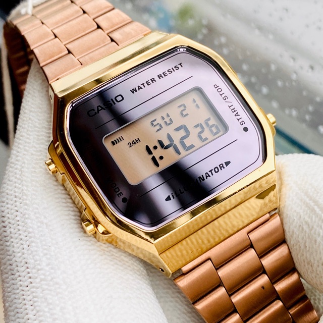 Đồng hồ điện tử nữ dây thép Casio standard A168 Rose Gold ngọt ngào