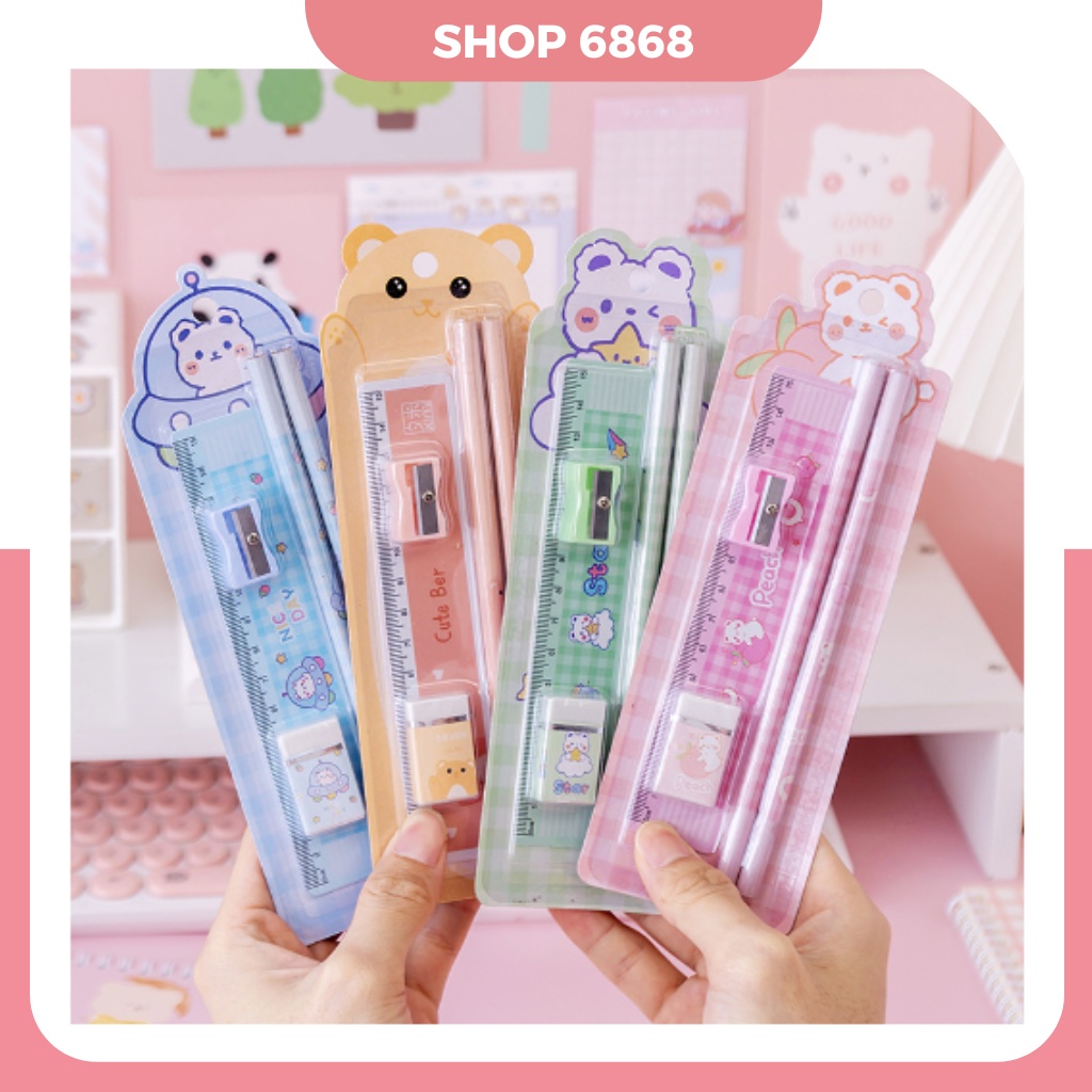 Set đồ dùng học tập 5 món, dụng cụ học tập cho bé: bút chì, thước kẻ, tẩy gôm, gọt bút