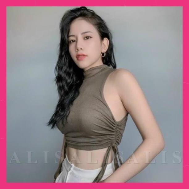 Áo Croptop CRT Thun Gân 3 Lỗ Cổ Lọ Rút Dây 2 Bên Áo Crop Top Sát Nách Hai Lớp Sexy Thắt Nơ Màu Đỏ Đen Trắng Xám Da Xanh