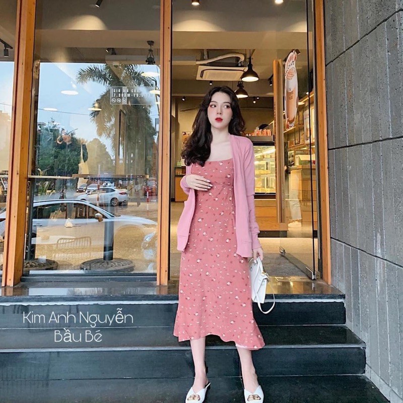 SET VÁY HOA DÁNG DÀI KÈM ÁO KHOÁC CADIGAN HỒNG VINTAGE | BigBuy360 - bigbuy360.vn
