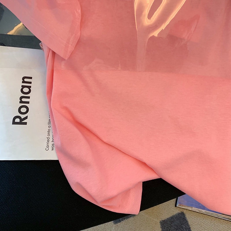 Áo Thun Nữ Ngắn Tay In Hình Trái Tim Màu Hồng Dễ Thương