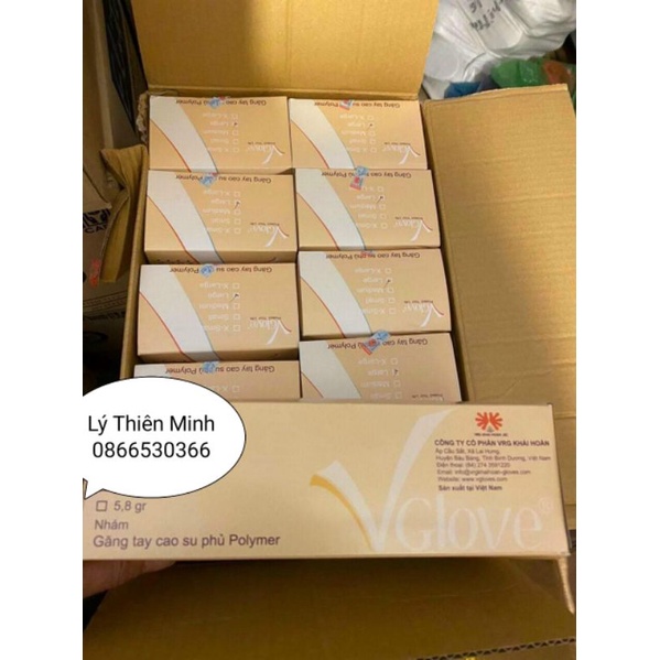 Găng tay không bột Vglove Khải Hoàn phủ polyme 5.4gr 24cm (100cái/1 hộp) size S, M