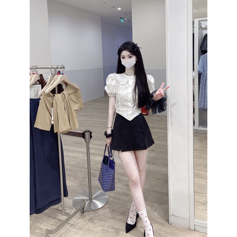 Áo Sơ Mi Tay Ngắn Phồng Cổ Búp Bê Ôm Dáng Phong Cách Hàn Quốc Thời Trang Cho Nữ
