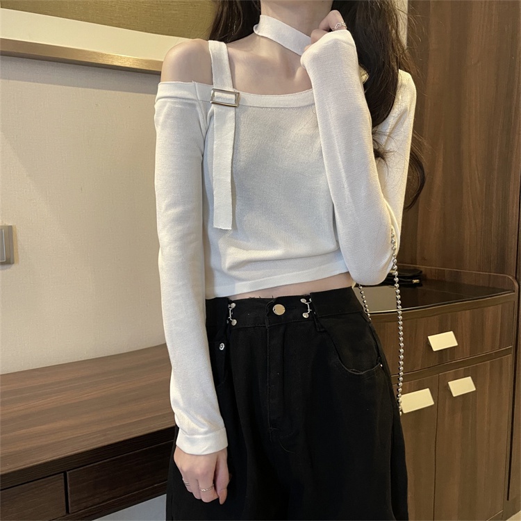 Áo len dây vuông xẻ hở lệch vai thời trang hàn quốc xinh xắn dạo phố