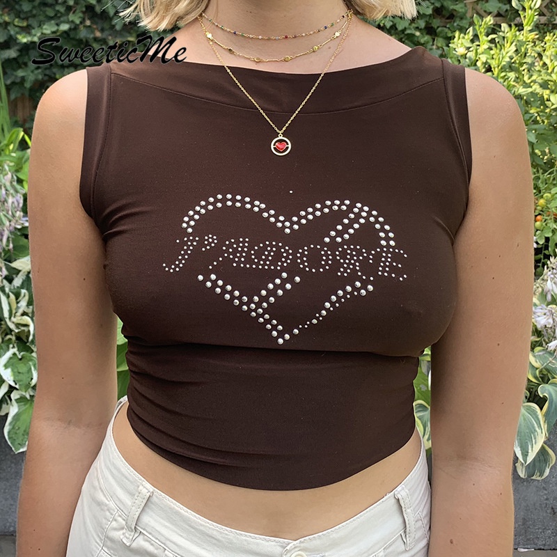 Crop Top Đính Đá Họa Tiết Chữ Hình Trái Tim Thiết Kế Mới Quyến Rũ Thời Trang Cho Nữ