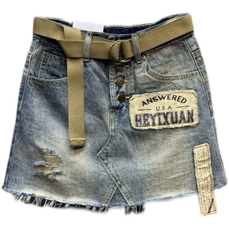 Jiashucheng Chân Váy Denim Chữ a Lưng Cao Rách Cá Tính Thời Trang Mùa Hè 2023 Phong Cách Mới