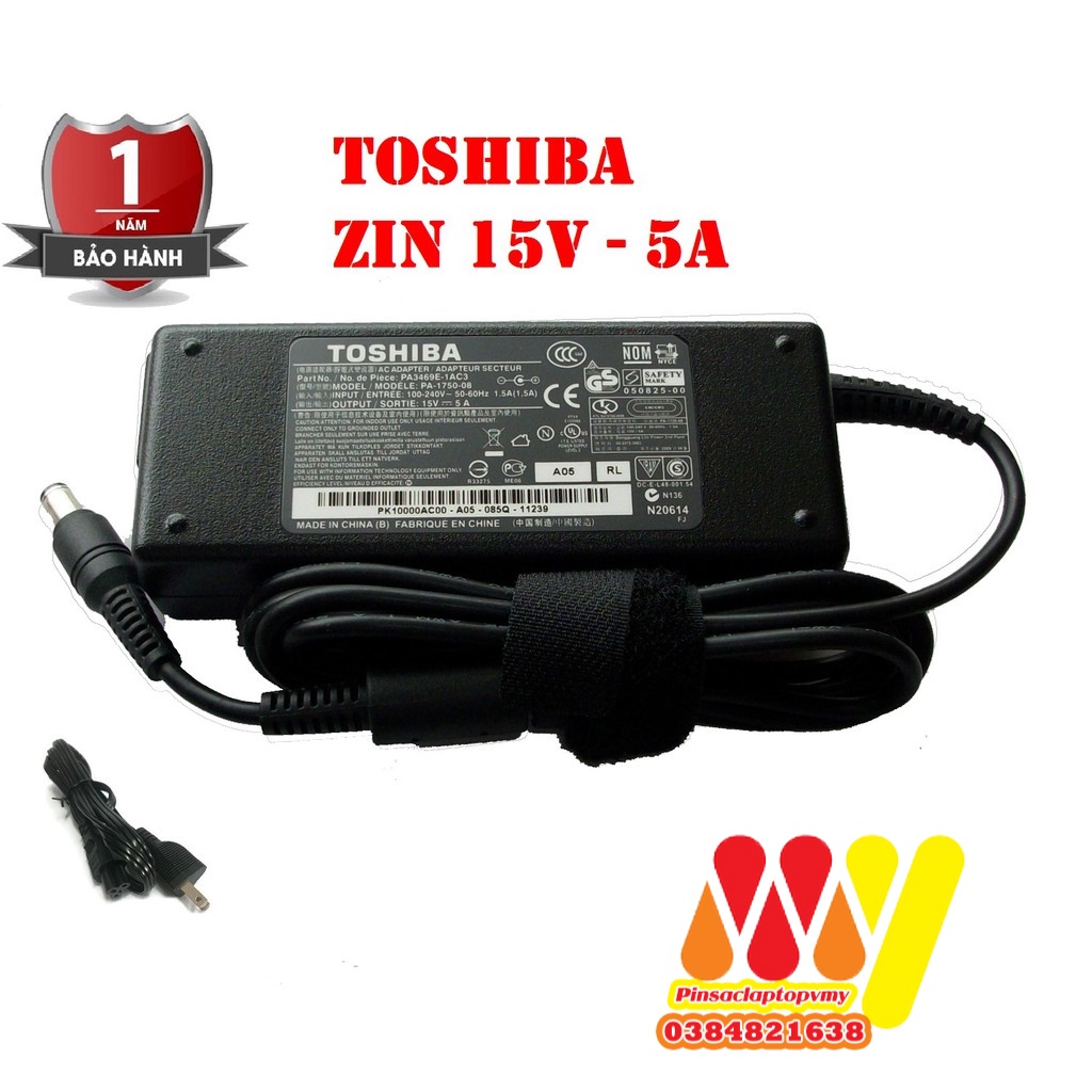 [BH 1 đổi 1] Sạc Nguồn Laptop Toshiba 15V - 5A Adapter - Kèm dây nguồn - NEW