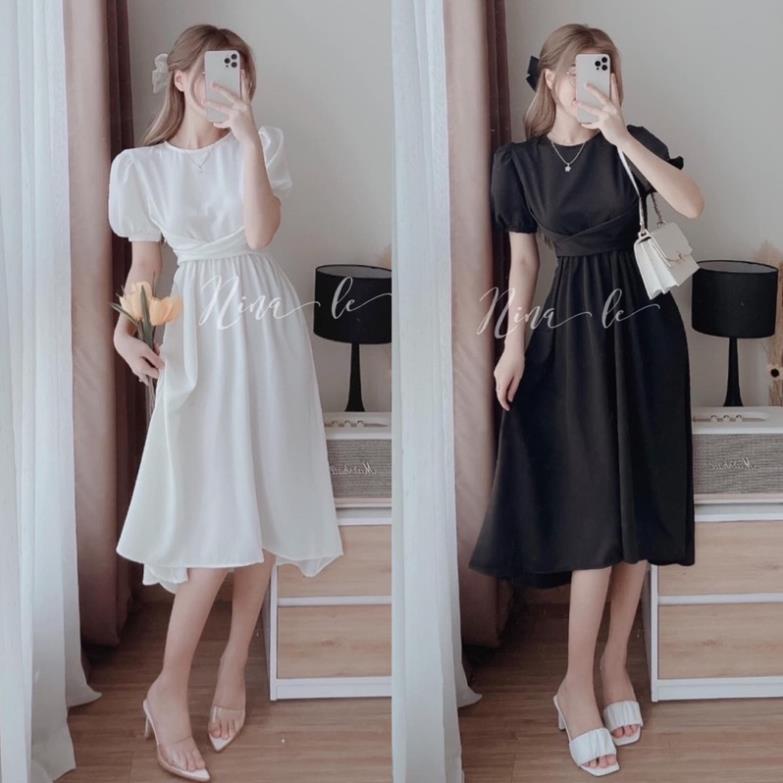 Đầm midi xòe cổ tròn cột dây eo đính nơ lưng