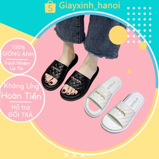 Dép bánh mì chất da mềm đế cao, Dép quai ngang nữ trần chỉ quả trám phối chữ trang trí hottrend