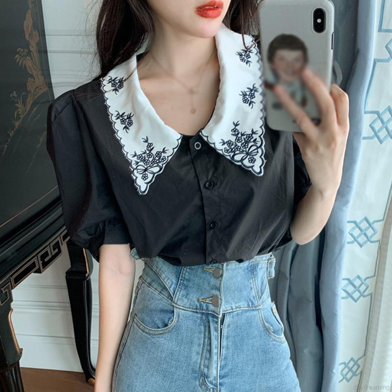 Áo Sơ Mi Nữ Dáng Rộng Tay Phồng Thêu Hoa Màu Tương Phản Kiểu Retro Thời Trang Mùa Hè | BigBuy360 - bigbuy360.vn